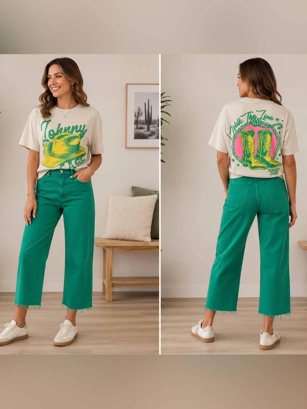 Johnny Cash Graphic Short Sleeve Tee in Cream with Green and Pink Print